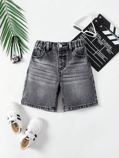 新款男童休闲街头风简约时尚百搭舒适弹力腰水洗黑色牛仔短裤，2025春夏新品，适合日常穿着