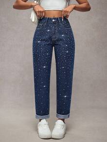 SHEIN Tall Fashionable High-Waisted Rhinestone Embellished Washed Tapered Jeans - Dark Wash - View 3