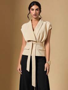 Briarwyn Women's Casual Commuter Asymmetrical Collar Belted Jacket - Apricot - View 5