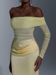 Elitara Elegant High-Stretch Knit Mesh & Satin Off Shoulder Sheer Long Sleeve Waist Ruched Fishtail Dress, Suitable For Dates, Vacations, Singles Parties, Weddings, Women's Evening Gowns, Bridesmaid Dresses - Yellow - View 2