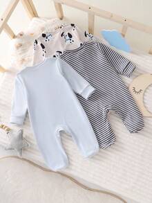 Newborn Cute Cartoon Theme Blue Striped Puppy Design Long Sleeve Footie Romper Set - Multicolor - View 3