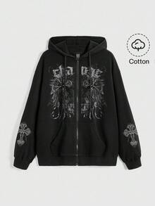 ROMWE Grunge Punk Punk Rock Music Festival Spring Sweatshirt, Women's Hooded Sweatshirt With Cross Pattern, Zipper, Pockets, Black