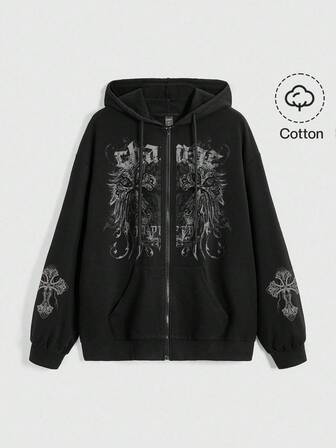 Grunge Punk Sudadera con capucha de mujer con patrón de cruz, cremallera y bolsillos, color negro, para festival de música punk rock