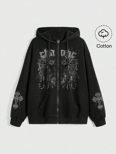 Grunge Punk Punk Rock Musik Festival Frühlings Sweatshirt, Damen Kapuzen Sweatshirt mit Kreuz Muster, Reißverschluss, Taschen, Schwarz