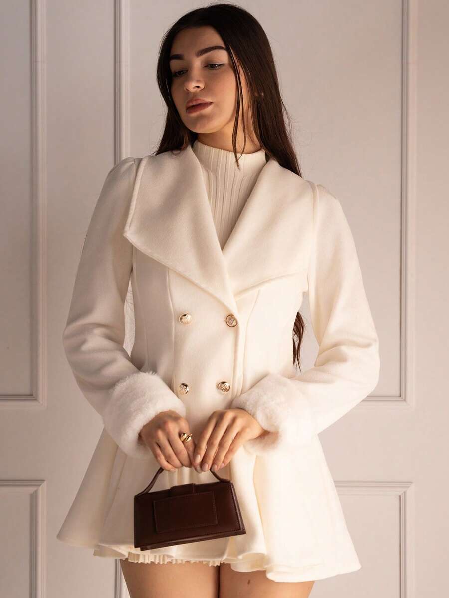 Andrea Bello Women's Mink Fur Cuff Collar Waist A-Line Elegant Everyday Commute Thick Woolen Coat - Apricot - View 1