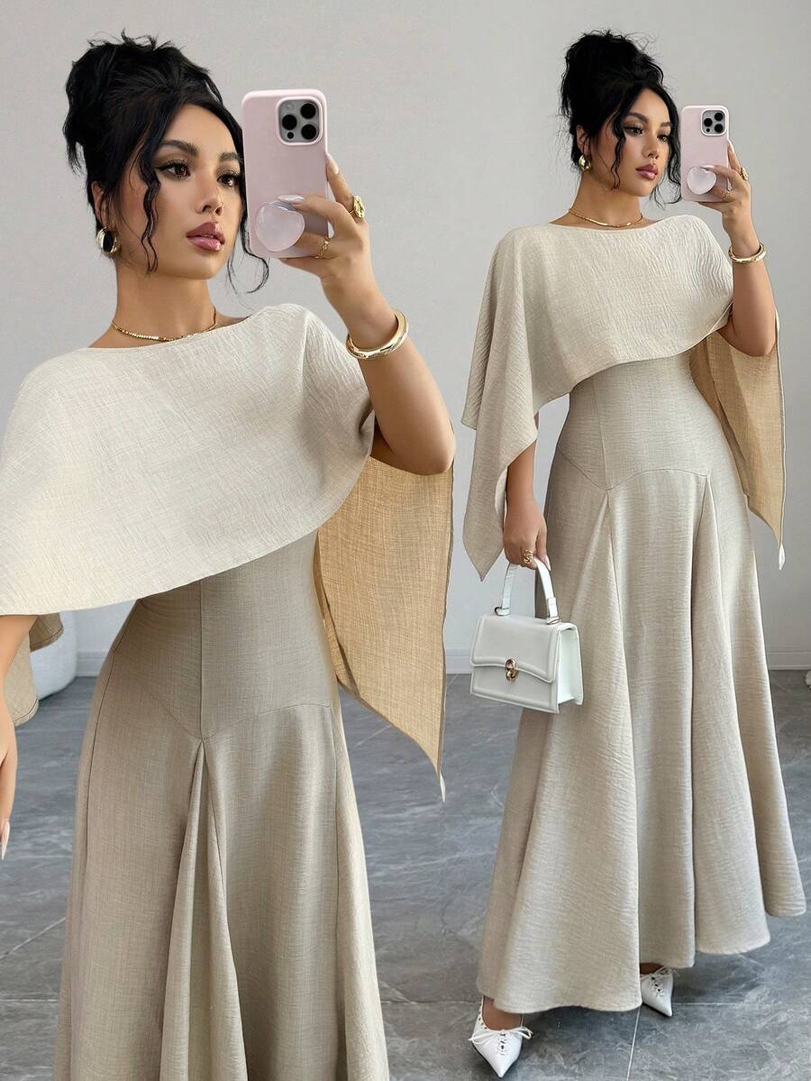 Siren Gaze Women's Elegant Minimalist A-Line Waist Cinched Long Dress, Autumn - Apricot - View 1