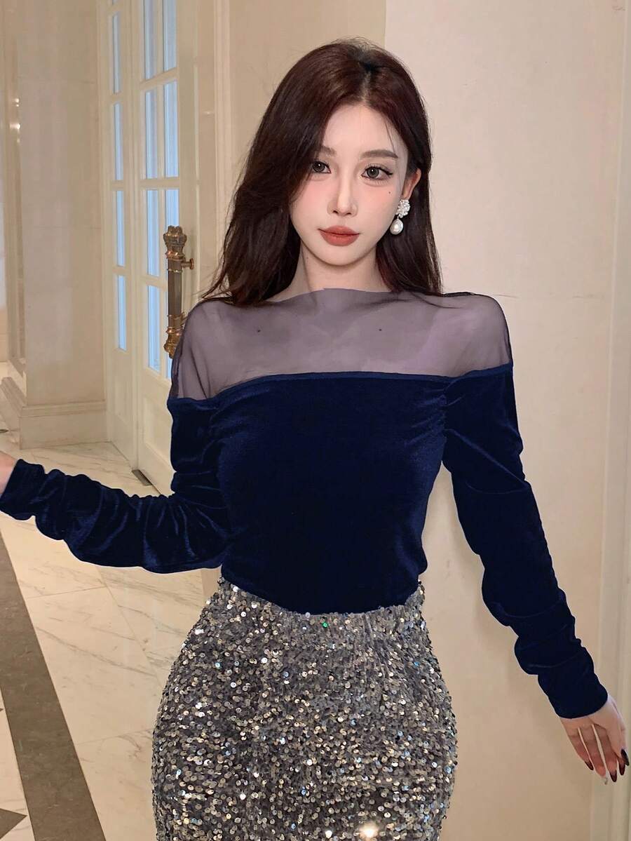 DAZY 女士时尚优雅网纱天鹅绒拼接长袖衬衫春季外出上衣 - 藏蓝色 - 查看 1