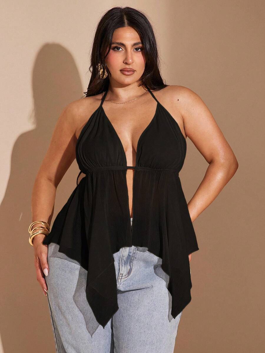 SHEIN BAE Áo cánh cổ yếm bằng vải voan màu vàng nhạt cỡ lớn dành cho nữ, thích hợp cho kỳ nghỉ biển vào mùa xuân/hè - màu đen - Xem 1