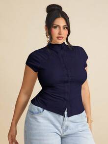SHEIN BAE Áo thun tay ngắn dệt kim co giãn cổ đứng cài nút phía trước cỡ lớn dành cho nữ, mùa hè - Màu xanh hải quân - Xem 6