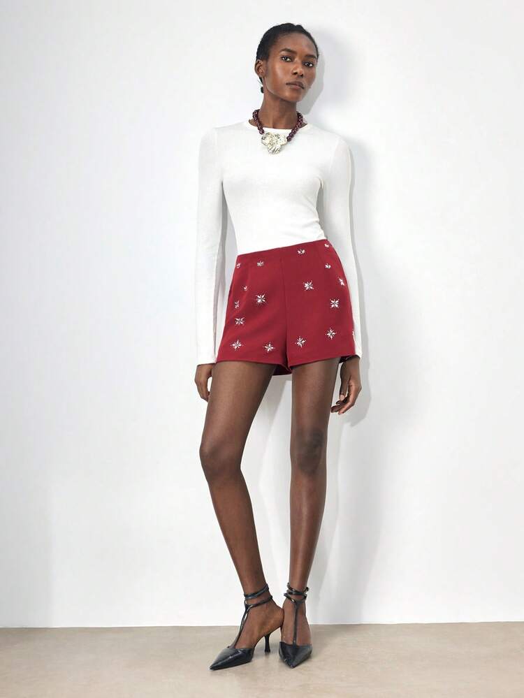 SHEIN Maija Women's High-Waisted Rhinestone Design Shorts, Burgundy, Modern Urban Versatile, Suitable For Office, Business Casual, Elegant For Summer, Valentine's Day Elegant Shorts