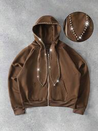 Men's Ear Decor Rivet Hooded Sweatshirt Jacket, Loose Fit