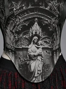 ROMWE Áo hai dây kiểu dáng cung điện thời Trung cổ Gothic, in hình nhà thờ và lâu đài, phối màu tương phản, cổ khoét sâu, ôm sát, thắt dây. - màu đen - Xem 4
