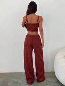 Aloruh 女士秋冬新款商务套装，棕色条纹吊带背心和棕色条纹西装裤两件套，适合通勤、办公、正式场合。 - 酒紅色 - 查看 2