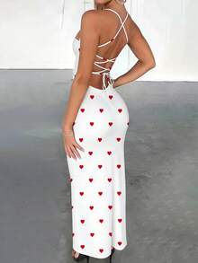 INAWLY Đầm ôm sát gợi cảm cổ chữ V khoét sâu hở lưng buộc dây vạt cao xẻ tà in hình trái tim dành cho nữ - trắng - Xem 2