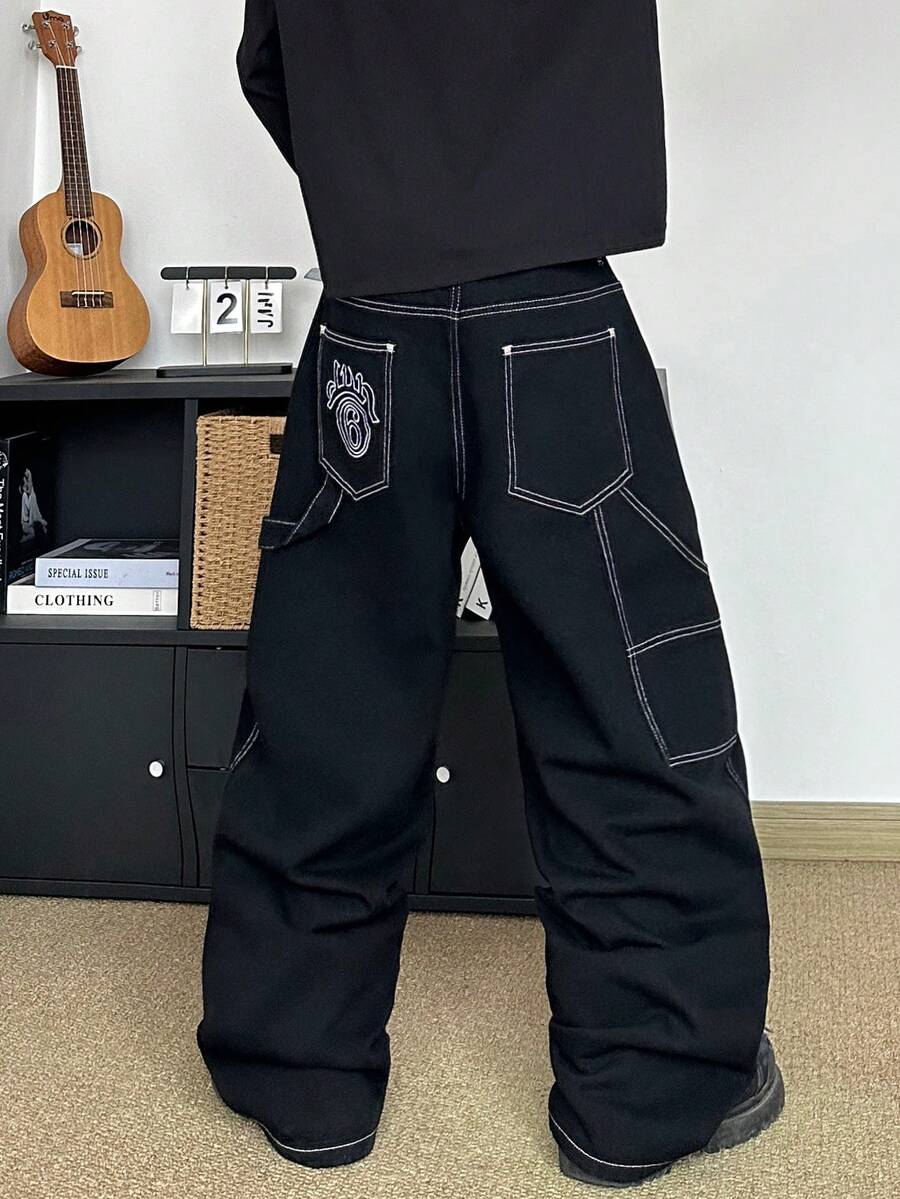 STEELVANCE 休闲街头风纯色刺绣后袋宽松阔腿牛仔裤 - 黑色 - 查看 1