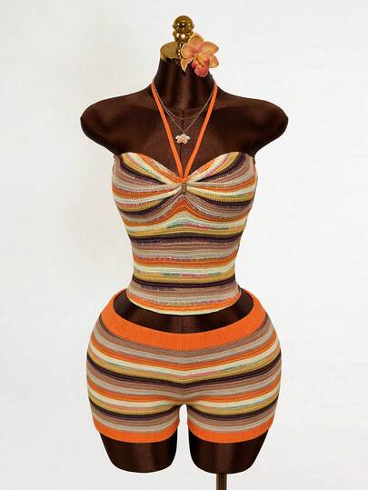 Mistrie Women's Crocheted Colorful Striped Fitted Halter Top