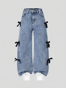 SHEIN ChillGRL Quần jeans ống đứng phong cách Y2K dành cho bé gái, điểm nhấn là nơ bên hông, thời trang và thoải mái, phù hợp cho mọi mùa. - Màu xanh ngọc - Xem 3