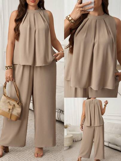 SHEIN LUNE Flowy Sleeveless Top And Elastic Waist Pants 2 Pieces Set, Plus Size Brown Pants Brown Top Valentine's Day Birthday Elegant