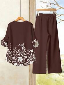 SHEIN LUNE 女款棕色花卉優雅兩件套 V領荷葉袖襯衫與寬腿長褲，休閒秋季早午餐夏季服飾嘉年華上衣與長褲套裝 - 酒紅色 - 查看 2