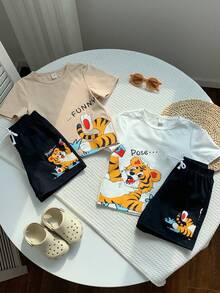 SHEIN Conjunto de 4 piezas de camiseta y pantalones cortos con estampado de tigre lindo para niño pequeño - Multicolor - Ver 3