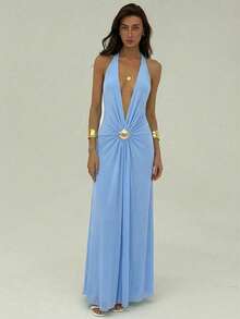 Aloruh 女士优雅金属贝壳装饰露背连衣裙，适合夏季度假 - 藍色 - 查看 3