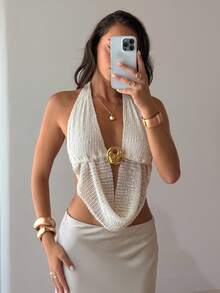 Aloruh 杏色性感露背吊带背心，带金属扣装饰 - 杏色 - 查看 7