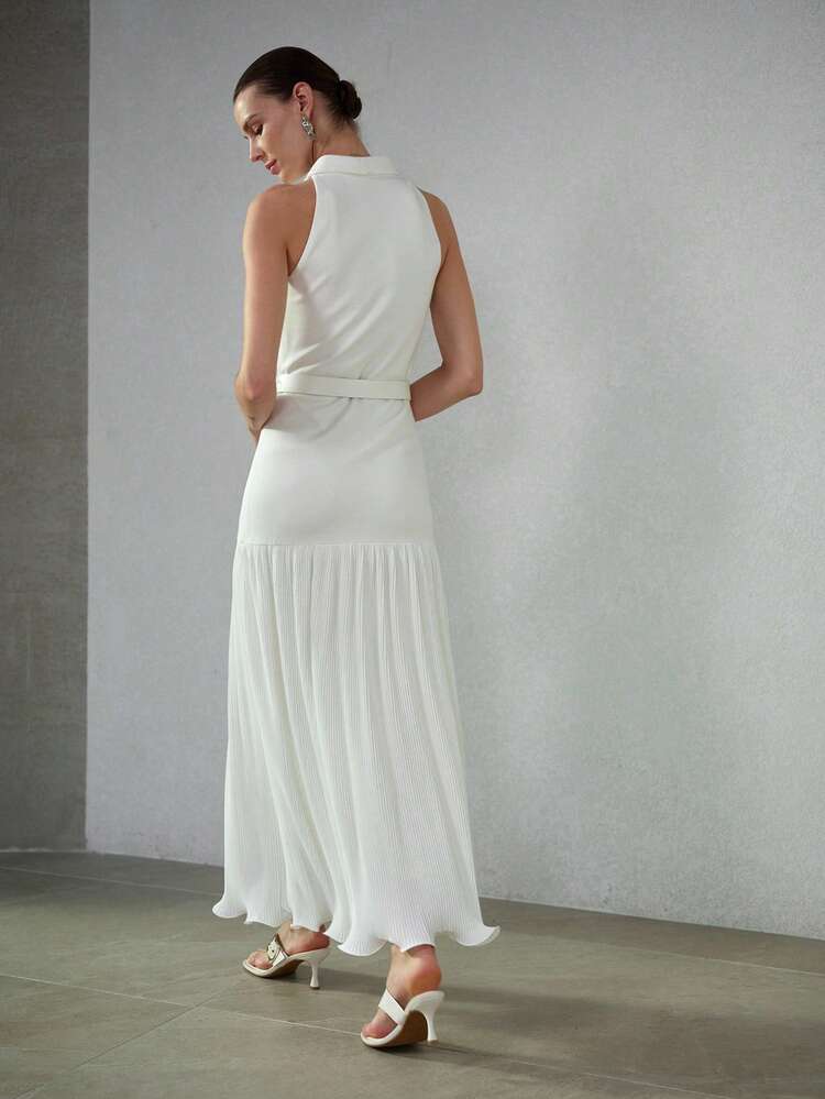 WOMEN'S PLEATED HEM POLO COLLAR SLEEVELESS BELTED LONG DRESS, SPRING/SUMMER