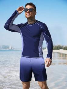 Manfinity Swimmode Men's Beach Vacation Casual Long Sleeve Top & Shorts 2 Pieces Set - Dusty Blue - View 5
