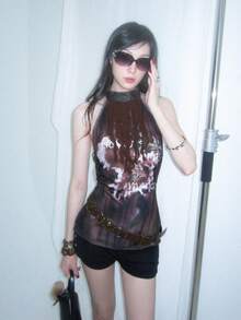 Bloopia Women's Frill Trim Printed Halter Neck Tank Top - Multicolor - View 1