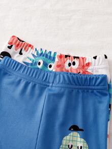 4件套男婴可爱卡通怪兽印花休闲贴身连体衣短袖裤子睡衣套装 - 彩色 - 查看 8