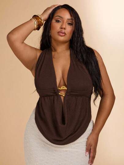 SHEIN BAE Plus Size Women Draped Neck Halter Ruched Metal Decor Sexy Elegant Tank Top/ Plus Size Sleeveless Tops/ Brown Halter Top Plus Size/ Plus Size Brown Top/ Earthy Plus Size Top/Off The Shoulder/Back To School Outfits Women/Concert Outfits For Women/Homecoming/Night Out/Date Night Outfits /Omen/Birthday Outfits For Women/Wedding Guest Dress Women/West/Halloween Clothes/Sexy
