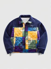 ROMWE MEN Street Life Spring Casual Graphic Men'S Fashionable Resort Style Patchwork Print Zip-Up Padded Coat, Autumn/Winter - Blue - View 5