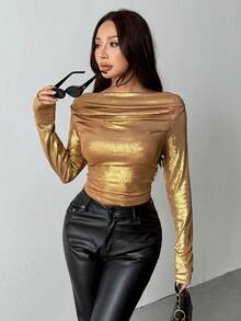 Almamuse Women's Elegant Pleated Turtleneck Long Sleeve Bodysuit, Holiday Edition, Metallic Fabric Gold Top Women Gold Bodysuit Gold Blouse Gold Crop Top Metallic Top - Brown - View 6