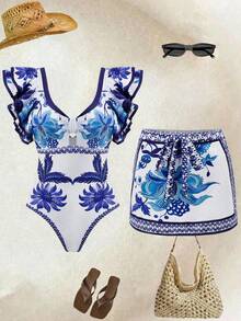 Swim Oasis Women's Floral Print Ruffled Sleeve One Piece Swimsuit With Coverup Skirt, Suitable For Spring/Summer Vacation - Blue and White - View 1