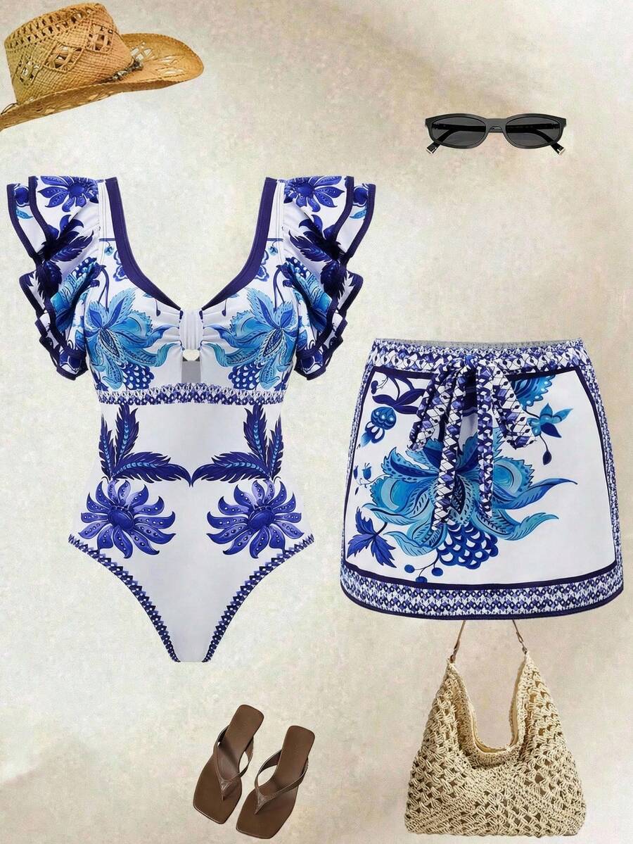 Swim Oasis Women's Floral Print Ruffled Sleeve One Piece Swimsuit With Coverup Skirt, Suitable For Spring/Summer Vacation - Blue and White - View 1