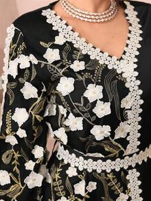 Al Najma Style Turkish Elegant Robe, Netted With Waist Belt, Long Sleeve - Black - View 6