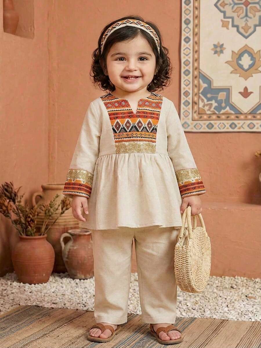 SHEIN Baby Girl Vacation Casual Apricot Patchwork Retro Pattern Long Sleeve Shirt & Elastic Waist Pants Set - Apricot - View 1