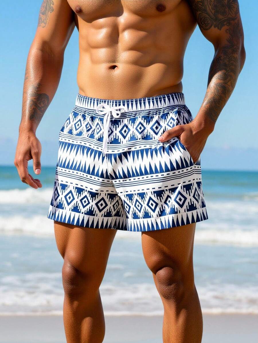 Manfinity Swimmode Summer Men's Summer Vacation All-Over Print Drawstring Waist Beach Shorts - Navy Blue - View 1