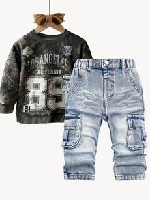 SHEIN Playful Pals Baby Boys' Washed Denim Pleated Straight Leg Casual Pants With Side Accordion Pockets - Medium Wash - View 1