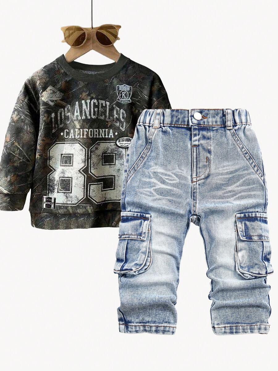 SHEIN Playful Pals Baby Boys' Washed Denim Pleated Straight Leg Casual Pants With Side Accordion Pockets - Medium Wash - View 1