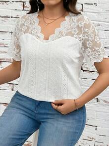 SHEIN Clasi Plus Size Summer Solid Color Contrast Lace Hollow Out Embroidery T-Shirt - White - View 6