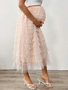 Loomaby Pregnant Women Solid Color Layered Elegant Fashion Skirt,Gender Reveal Skirt,Maternity Skirt, Baby Shower Skirt - Khaki - View 4