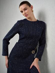 MOTF PREMIUM AUTUMN/WINTER TWEED & PU PATCHWORK CHAIN DECOR LONG DRESS - Navy Blue - View 6