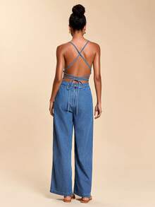Travachic Women's Backless Tie Strap Pocket Wide Leg Fashionable Denim Jumpsuit - Medium Wash - View 6