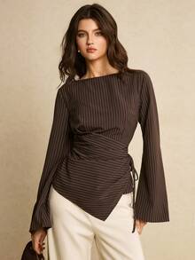 Poéselle Women's Casual/Office Commute Striped Print Boat Neck Flare Sleeve Ruched Side Tie Fitted Blouse, Spring/Autumn Dark Brown Top Striped Top Women Elegant Women's Blouses Spring Women - Khaki - View 5