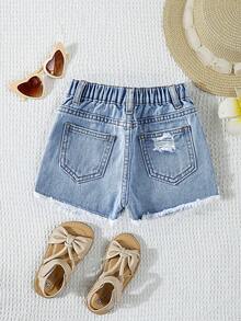 女婴时尚百搭做旧牛仔短裤 - 淺色水洗藍 - 查看 4