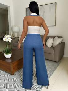 Vavine 优雅商务休闲女装套装，包括：纹理翻领修身性感金属纽扣背心上衣和直筒纹理弹力腰休闲裤，两件套 - 藍白色 - 查看 2