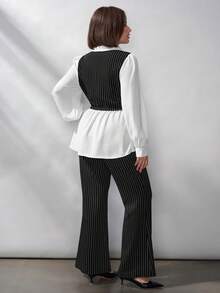 SHEIN Clasi Ensemble 2 pièces pour femmes grandes tailles, élégant contraste noir & blanc, tenue de bureau formelle d'automne, ensemble chemisier à manches longues et pantalon, tenues de travail pour femmes - Noir et Blanc - Voir 2