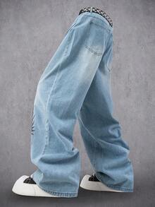 Manfinity Denimwave Fashionable High-End Dragon Print Wide-Leg Jeans - Blue - View 3