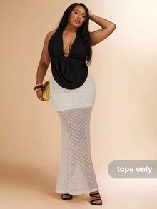 SHEIN BAE Áo tank top cỡ lớn dành cho nữ, kiểu dáng thanh lịch, cổ yếm xếp ly, đính kim loại, thích hợp mặc mùa hè, phong cách boho, đi nghỉ mát, mùa hè. - màu đen - Xem 4